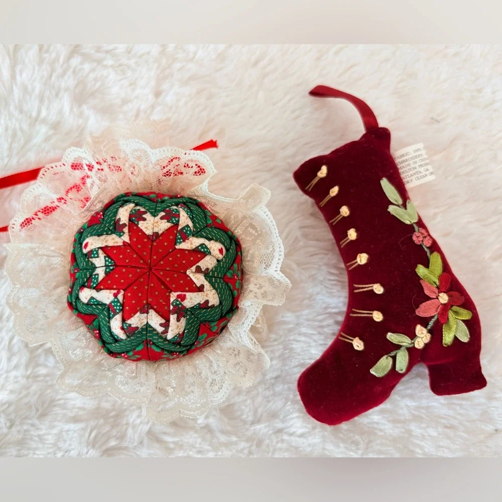 VTG Victorian Star Quilt and Velvet Boot Christmas Ornaments